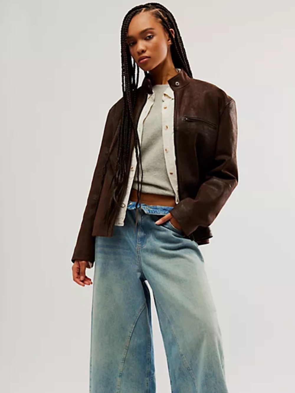 We The Free Women’s Brown Leather Moto Jacket with Pink Lining